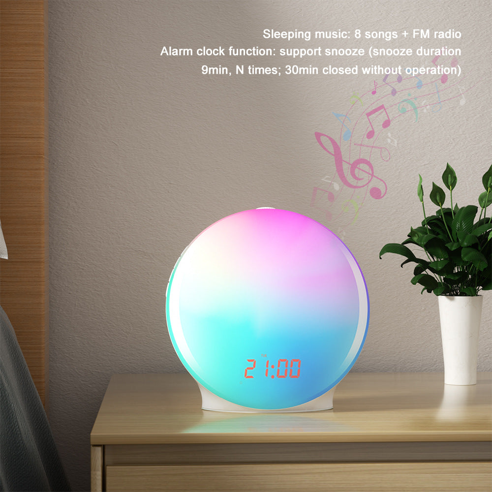 Colorful round night light with digital display on a wooden surface, featuring sleeping music and alarm clock functions.